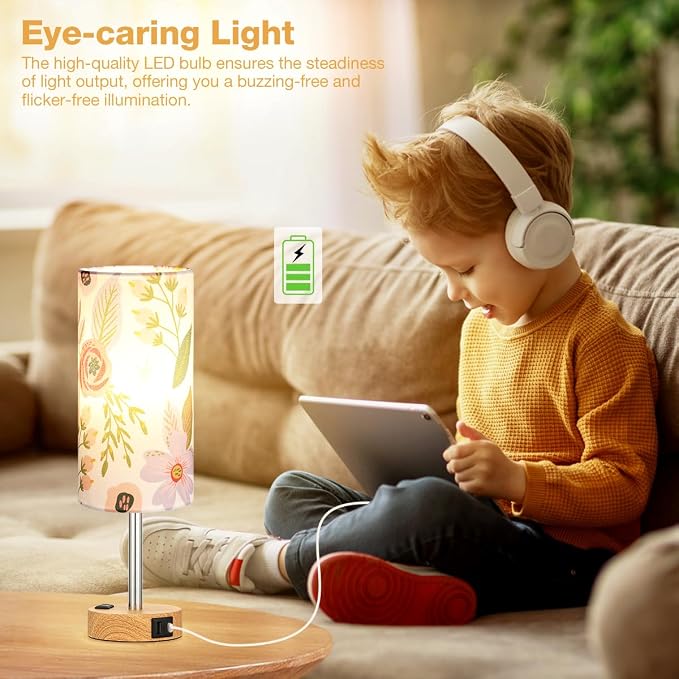 Fenmzee Floral Touch Lamp for Bedroom- 3 Way Dimmable Bedside Lamp USB C A Charging Ports and AC Outlet, Small Table Lamp Floral Linen Lampshade for Gift, LED Bulb Included - Image 7