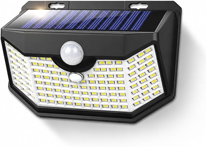 HMCITY 120 LED Solar Lights Outdoor with Motion Sensor and 3 Lighting Modes, IP65 Waterproof Wide Solar Wall Lights Ideal for Garden Patio Yard (Front Button 1Pack, Black Shell-Daylight White) by LightingUpYourLife