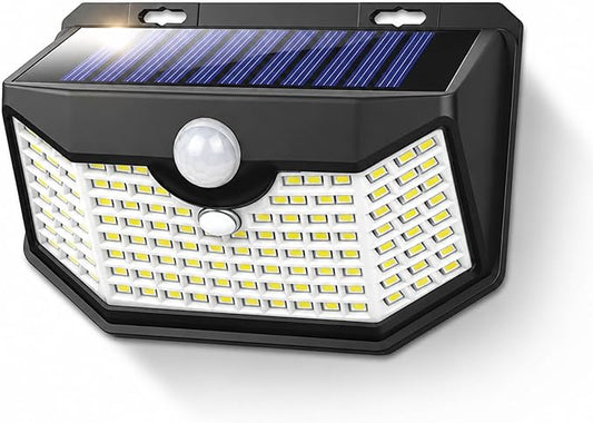 HMCITY 120 LED Solar Lights Outdoor with Motion Sensor and 3 Lighting Modes, IP65 Waterproof Wide Solar Wall Lights Ideal for Garden Patio Yard (Front Button 1Pack, Black Shell-Daylight White) by LightingUpYourLife