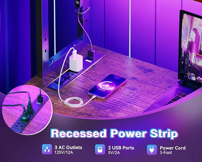AODK L Shaped Desk Gaming Desk with LED Light & Power Outlet | 53 Inch Vintage Reversible L Shaped Computer Table with Shelf & Storage Bag & Hook for Home Office - Image 5