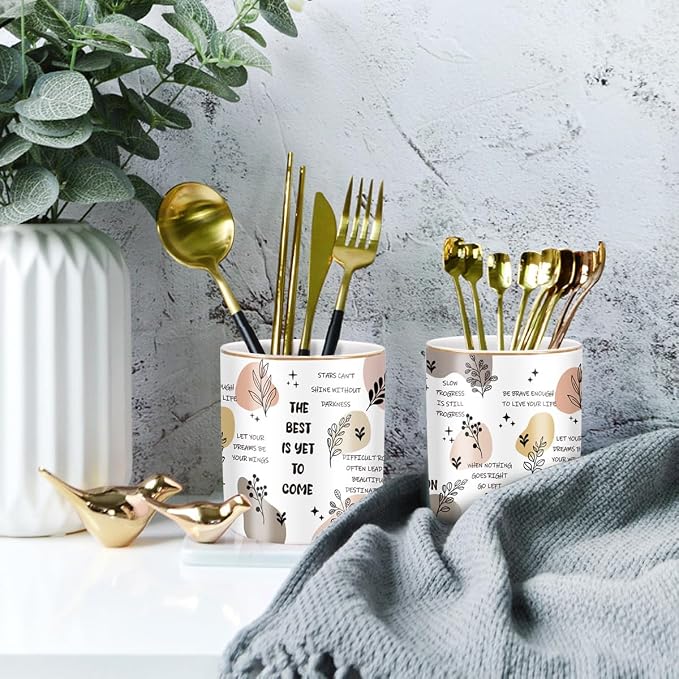 Cute Desk Pencils Pen Holder, Pencil Cup Holder for Desk, Ceramic Desktop Storage Pen Pencil Organizers Stationery Supplies for Office, Home, Words Pattern - Image 4