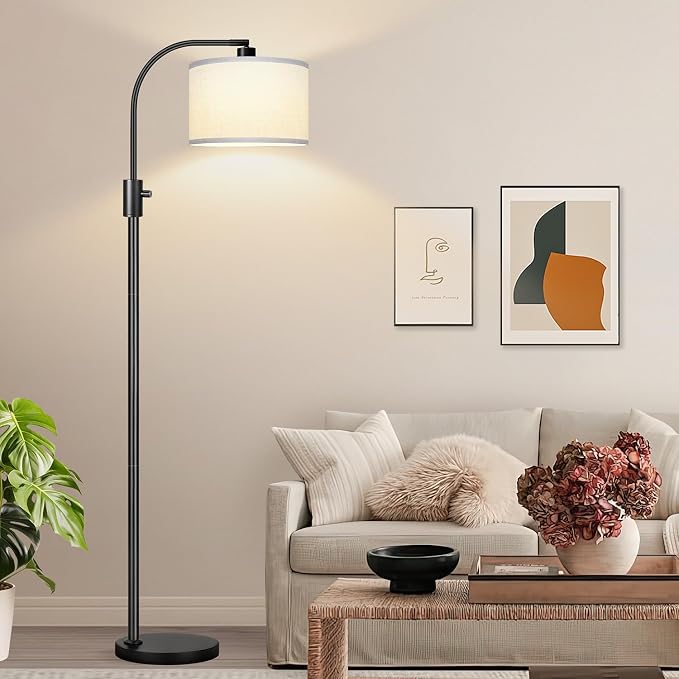 Nintiue Upgraded Modern Arc Dimmable Tall Standing Floor Lamp with White Shade, 1200 Lumens LED Bulb Included, for Living & Reading Room, Bedroom, Office & Nursery, Black by Nintiue