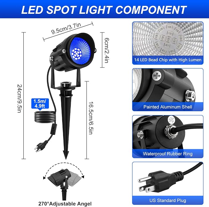 Blue Landscape Lights Outdoor, 14 LED Landscape Lighting with US Plug, IP65 Waterproof Spotlights for Tree Yard Garden Pathway Halloween Christmas Decor 2 Pack - Image 3