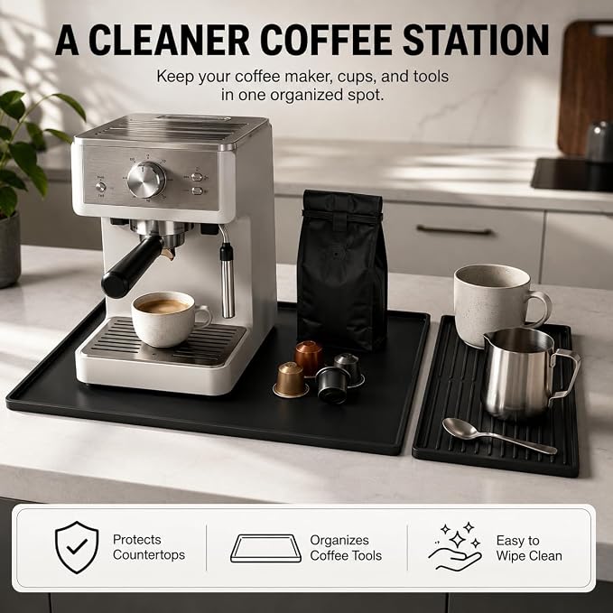 Silicone Coffee Mat 24 x 16 in with Tray, Classic Black | Coffee bar mat for countertop use, coffee station mat or coffee machine mat with removable tray and 0.47 in raised rim. - Image 2