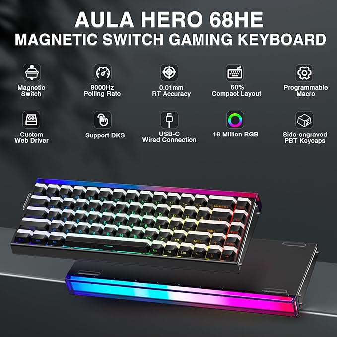 AULA Hero 68 HE 60% Gaming Keyboard Wired, Hall Effect Magnetic Switch Keyboard with 8K Hz Polling Rate, Side Printed PBT Keycaps, RGB Backlit Light Box, Customizable Web Software for PC/Mac Gamers - Image 2