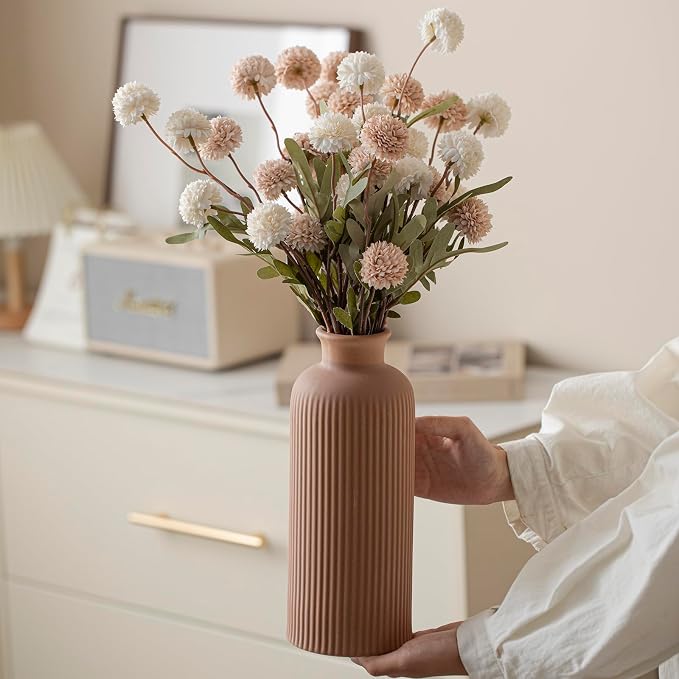 Large Modern Ceramic Vase Set, Coffee Ribbed Matte Design, 3-Piece Decorative Vases for Home, Living Room, Office (XL Coffee Mix) - Image 5