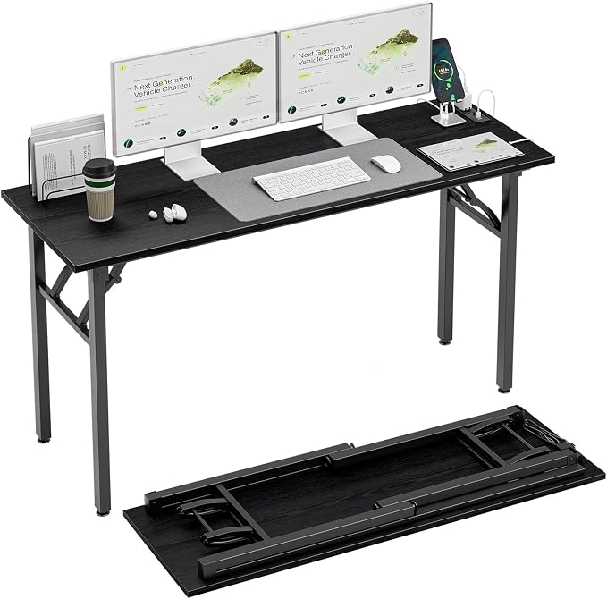 TEMI Long Computer Desk Folding Table - No Assembly, Compact 55.1" Foldable Desk with Power Outlets & USB Charging Port, Portable Lagre Office Desk, Study Table for Narrow Spaces, Dark Oak by TEMI