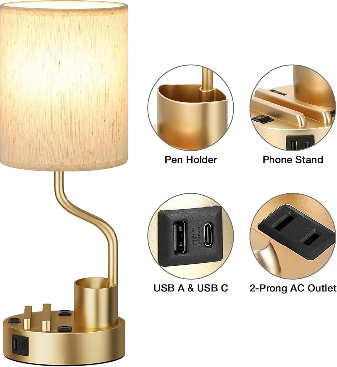 Fenmzee Bedside Lamps for Bedroom Set of 2 - Table Desk Lamp for Nightstand | 15" Table Lamp for Living Room with Pen Holder & Phone Stand, USB A+C Port, AC Outlet, 3 Color Temperature, LED Bulb Included - Image 7
