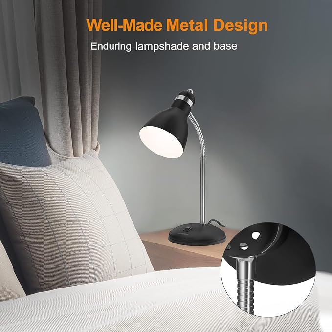LEPOWER Metal Desk Lamp, Adjustable GooseNeck Reading Light for Bedroom | Compact & Sturdy, Space-Saving for Bedside & Dorm, E26 Table Lamp, Eye-Caring, Ideal for Study, Office, Back to School - Image 3