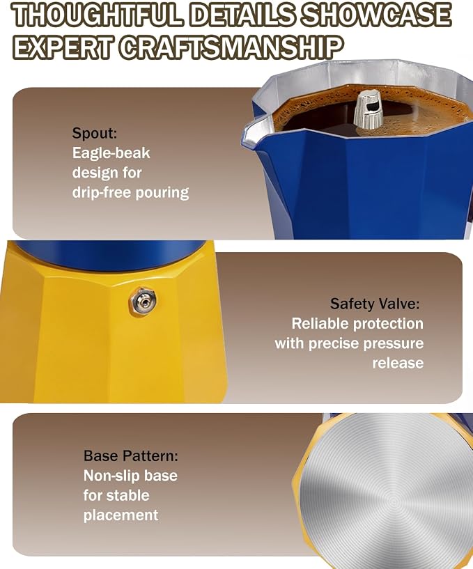 Coffee Maker Stovetop Espresso Maker 6 Cup Aluminum Moka Pot Percolator 10oz 300ml Easy Brewing for Electric Ceramic Stoves Home Camping Italian Cuban Café Classic - Image 6