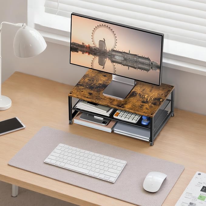ECOLOVI 2-Tier Computer Monitor Stand Riser, Desk Organizer for Monitor, Printer & Laptop Stand, Desktop Workspace Organizers for Office Supplies(Brown) - Image 6