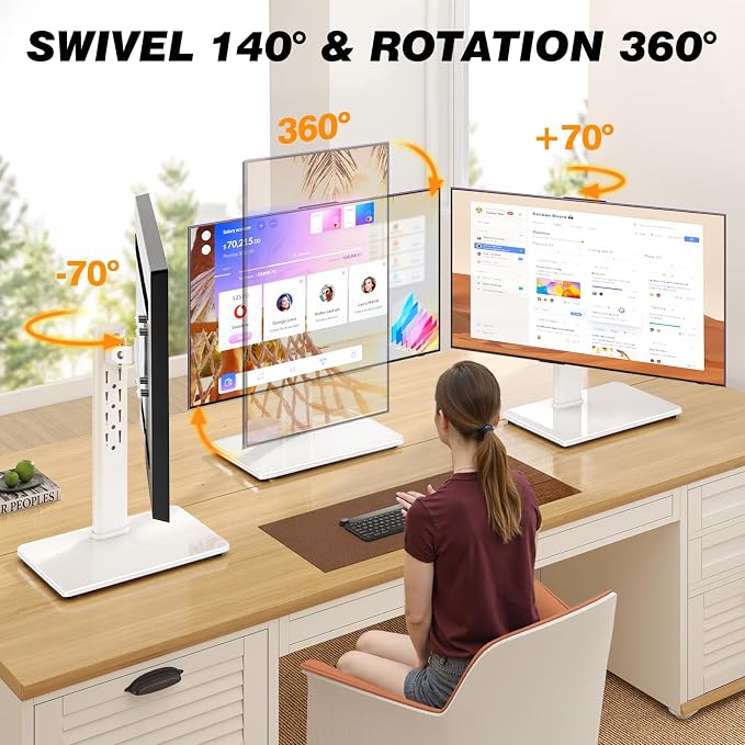 TAVR Furniture Single Monitor Stand VESA Mount for 13-32 Inch Screens | Free-Standing Monitor Riser with Swivel Tilt Rotation Height Adjustable, Universal Desk Stand up to 44lbs, White - Image 2