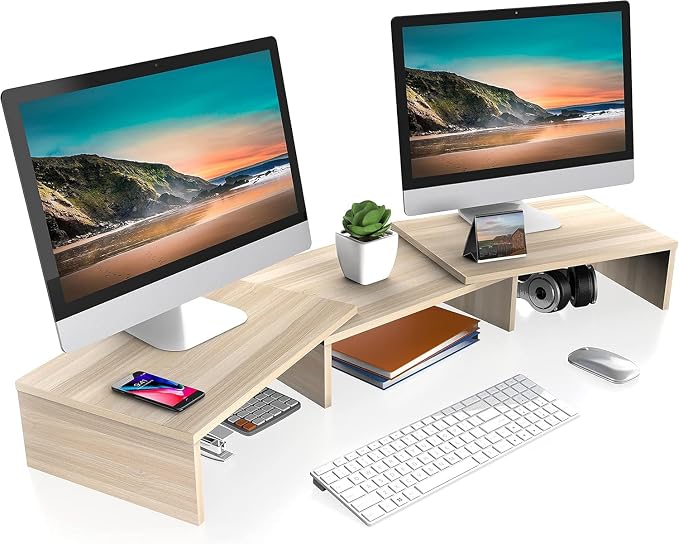 FITUEYES Dual Monitor Stand Riser, Adjustable Length and Angle, Oak | Wooden 3-Shelf Design, Supports up to 55lbs, Flexible for Standard Corner Space, Holds Monitor, Laptop, Phone, Printer by FITUEYES