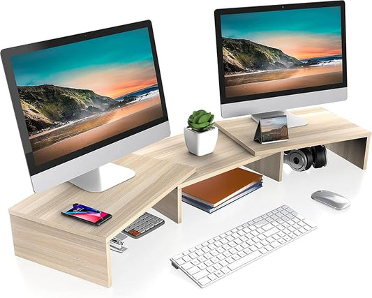 FITUEYES Dual Monitor Stand Riser, Adjustable Length and Angle, Oak | Wooden 3-Shelf Design, Supports up to 55lbs, Flexible for Standard Corner Space, Holds Monitor, Laptop, Phone, Printer by FITUEYES