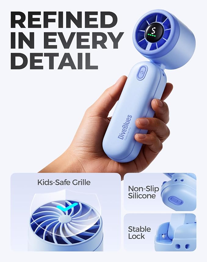Diveblues Mini Handheld Fan, 30ft/s Portable Turbo Fan [12H Max Cooling], 4000mAh Personal Fan with LED Display, 3-in-1 Hand Held/Neck/Desk Fan for Travel, Cruise, Disney Essentials - Image 8