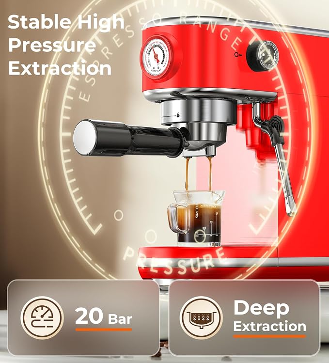 atatix 20 Bar Espresso Machine with Milk Frother, Compact Espresso Maker | Stainless Steel Coffee Machine with Precise Temp Control & 44oz Removable Water Tank for Latte, Cappuccino, Red - Image 4