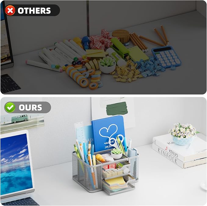 Marbrasse Mesh Desk Organizer, Pen Organizer with 2 Drawer, Multi-Functional Pencil Holder, Desk Organizers and Accessories with 5 Compartments + Drawer for Office Art Supplies (Silver) - Image 7