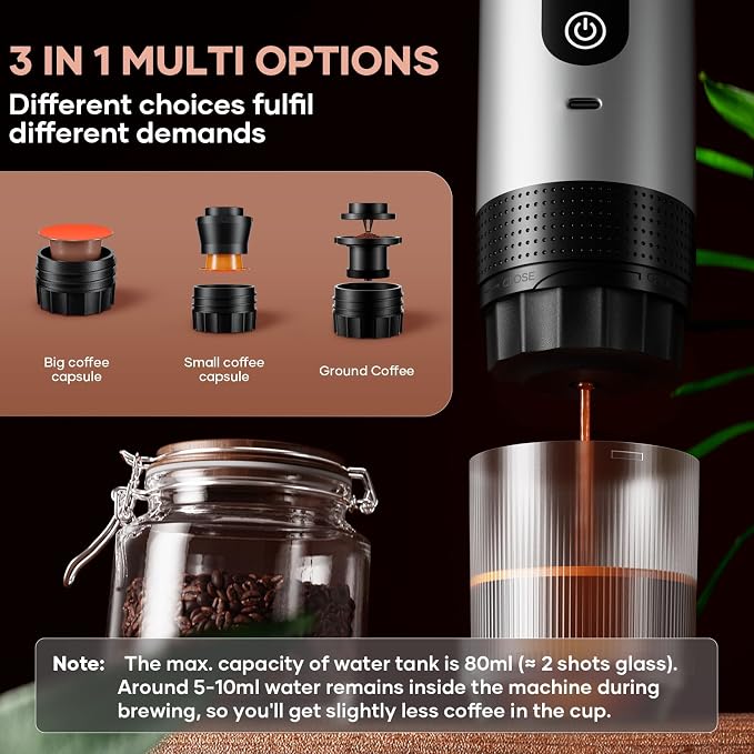 kejector Portable Coffee Maker Espresso Machine for Travel Nano Car Coffee Maker Compatible with Ground Coffee & Capsule for RV, Hiking Camping Office, Travel Espresso Maker Electric Coffee Machine - Image 4