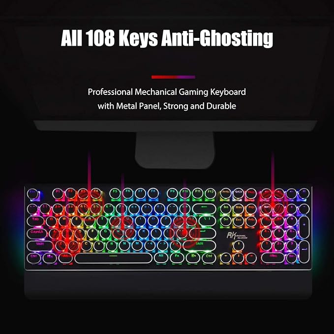 RK ROYAL KLUDGE S108 Typewriter Style Mechanical Gaming Keyboard with RGB Backlit, Wired PC Game Keyboard Full Size with Detachable Wrist Rest and Number Pad, Retro Round Keycaps, Red Switches Black - Image 4