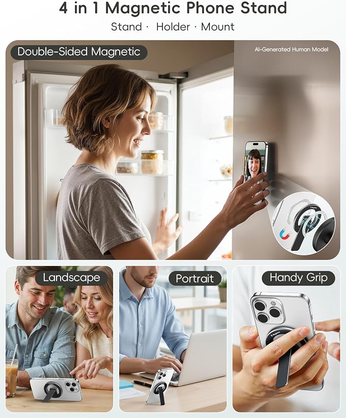 Dual-Sided Magnetic Phone Stand for MagSafe, Adjustable Kickstand Phone Foldable Holder Grip with Strong Magnet Compatible with Car Mounts Gym Equipment for iPhone 17/16/15/14/13 Series, Black - Image 2