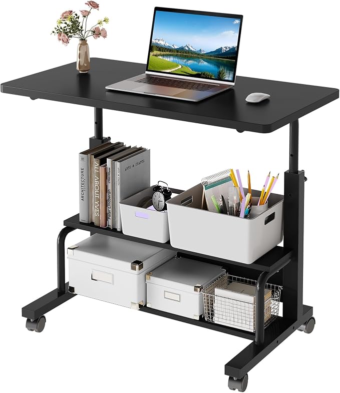 OLIXIS Rolling Desk, Storage Shelves, Laptop Table, Home Office | Height Adjustable Design, Computer Desks on Wheels, Portable for Small Spaces Use, Black by OLIXIS