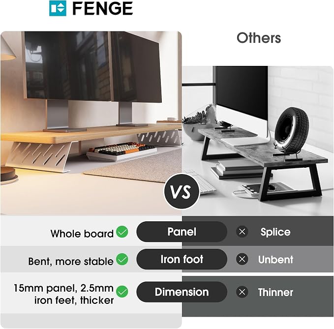 Fenge Dual Monitor Stand Riser, 42.5 Inch Desk Top Shelf for 2 Monitors, Computer Stands for Desk, Wood & Steel Desktop Riser for Laptop, PC, Printer - Image 3