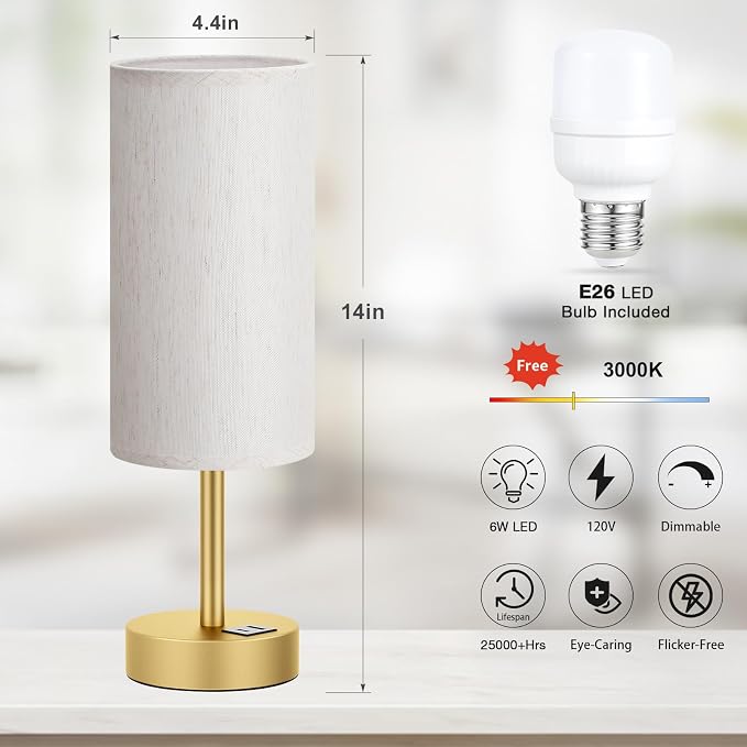 Dicoool Bedside Table Lamp for Bedroom - 3-Way Dimmable Touch Lamp, USB A+C | LED Bulb Included, 14" Small Nightstand Lamp for Desk, Living Room, Guest Room, Cream Fabric Lampshade, Gold Metal Base - Image 5