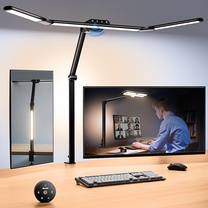 Quntis 32.5" Architect Desk Lamps for Office Home Dorm - Eye Care 3 Light Bar 1100LM Bright, Ambient Backlight, Radar Sensor, Remote Control, 2H Timer, Workbench Drafting Reading Video Conference Task by Quntis