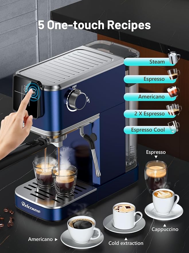 RELEXNOW Espresso Machine, 20 Bar Espresso Maker Milk Frother & LCD Panel, Hot & Iced Coffee Machine, Stainless Steel Espresso Coffee Machine with 41oz Water Tank for Cappuccino, Latte - Image 4