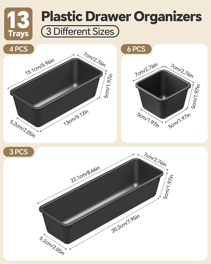 Canfanni 13 Pack Plastic Drawer Organizers Set, 3 Sizes Desk Drawer Organizer Trays for Vanity and Makeup Organizer, Organization and Storage for Makeup, Kitchen Utensils, Bathroom and Office(Black) - Image 2