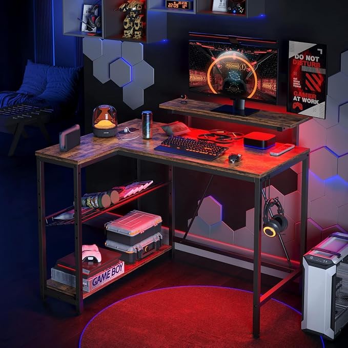 Bestier 42-Inch L-Shaped Gaming Desk with Charging & LED, Rustic Brown | Charging 2AC+USB+Type-C, RGB LED 7 Colors/20 Modes, Reversible Storage Shelves, 3D Carbon Fiber, Headphone Hook, Small Space - Image 7