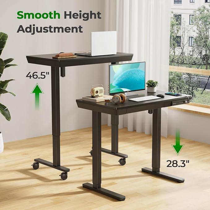 35" Electric Standing Desk with Drawer, 4 Lockable Wheels | Height Adjustable Quick Install One-Piece Tabletop with USB Charging Port, Small Sit to Stand up Desk for Home Office, Black - Image 5