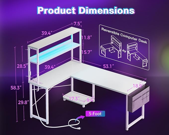 AODK L Shaped Desk Gaming Desk with LED Light & Power Outlet | 53 Inch White Reversible L Shaped Computer Table with Shelf, Corner Desk with Storage Bag&Hook for Home Office Desk - Image 3