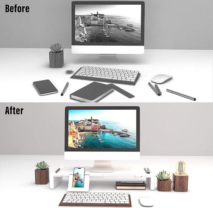 OImaster Monitor Stand Riser with Drawer - Adjustable Foldable Computer Monitor Stand for Desk, Desktop Organizer with Phone Holder & Pen Slot, Space Saving Laptop Riser for Home Office, White - Image 4