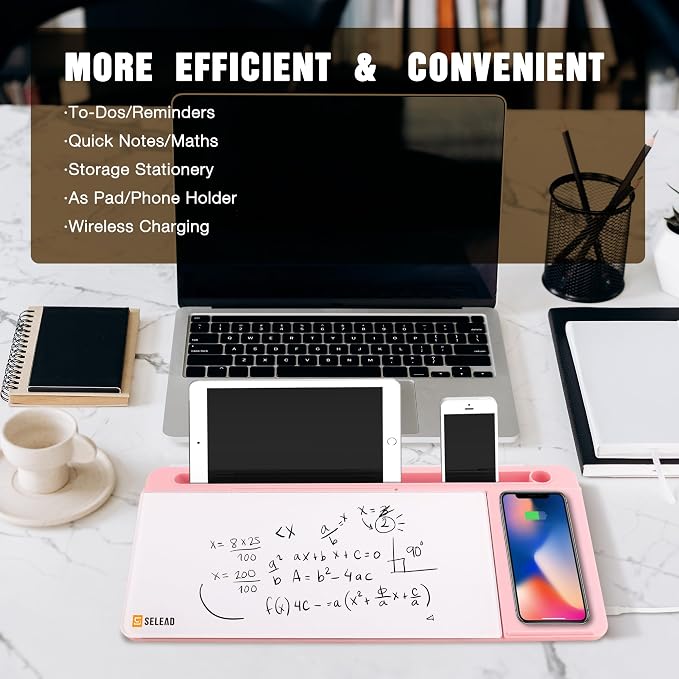 SELEAD Desktop Glass Whiteboard with Wireless Charger Station and Mirror, Dry Erase Board Computer Pad Keyboard Stand with Organizer for Home, School, Office Desk Accessories, Pink - Image 4