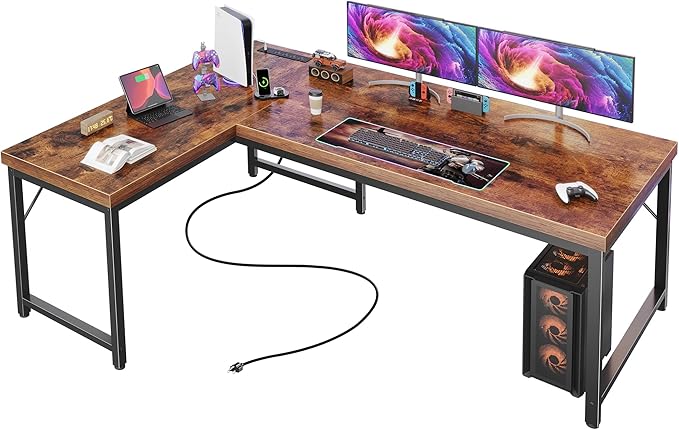 Huuger 55 Inch L Shaped Desk with Power Outlets and USB-C Port, 0.95 Inch Thicker Desktop, Reversible Computer Desk, Larger Office Corner Gaming Desk, Metal Frame, for Home Office, Study, Rustic Brown by Huuger