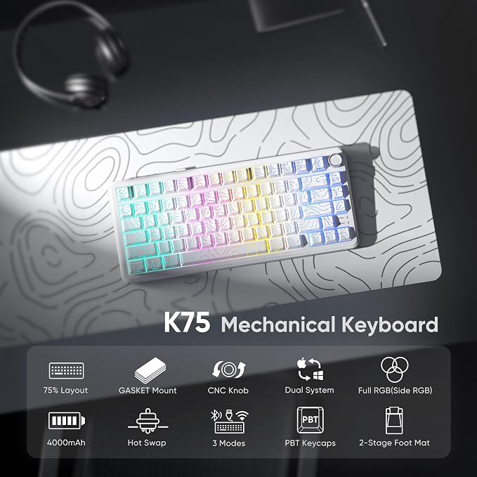RedThunder K75 Wireless Mechanical Keyboard, CNC Knob, Tri-Mode BT5.0/2.4GHz/USB-C Hot Swappable Custom, Pre-lubed Linear Coconut Switches, Gasket Structure, RGB Gaming Keyboard, White Contour Lines - Image 2