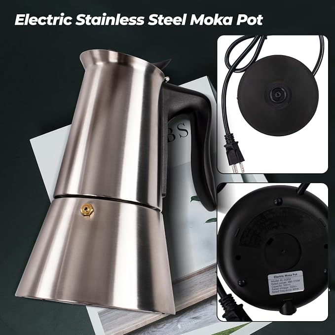 Electric Stainless Steel Moka Pot 6 Cup 300ml Mocha Pot | Espresso Maker with Detachable Base Ideal Coffee Maker for Home Italian and Cuban Café Coffeemaker Espressomaker Coffee Pot - Image 9