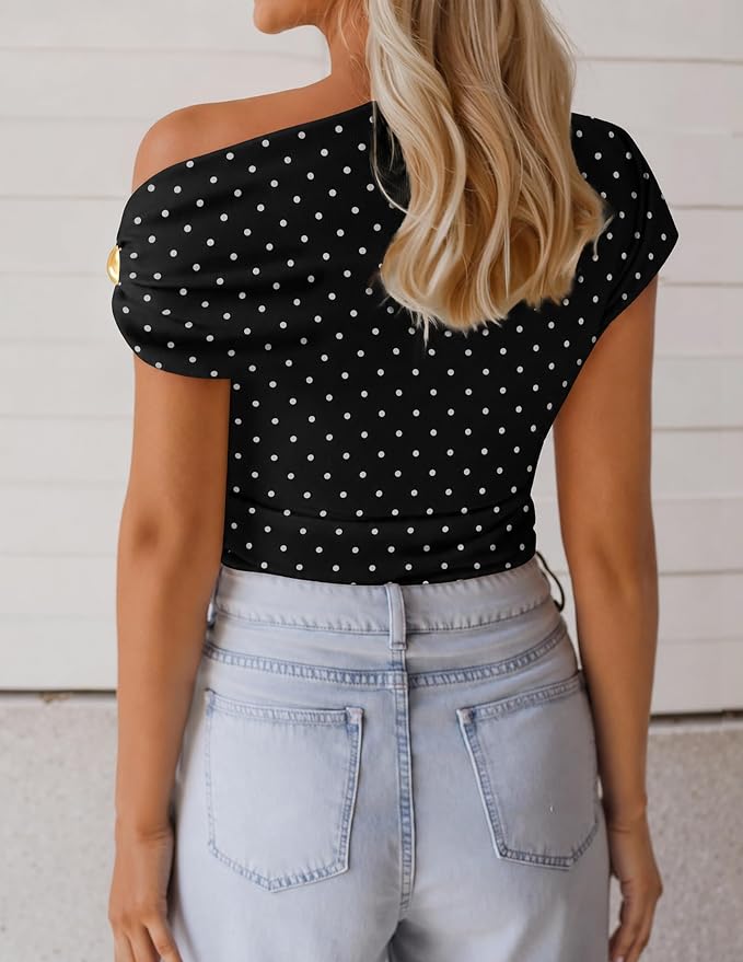ZESICA Women's 2026 Summer Off Shoulder Tops Going Out Sexy Y2k Shirts Spring Cap Sleeve Ruched Asymmetrical Blouses - Image 3