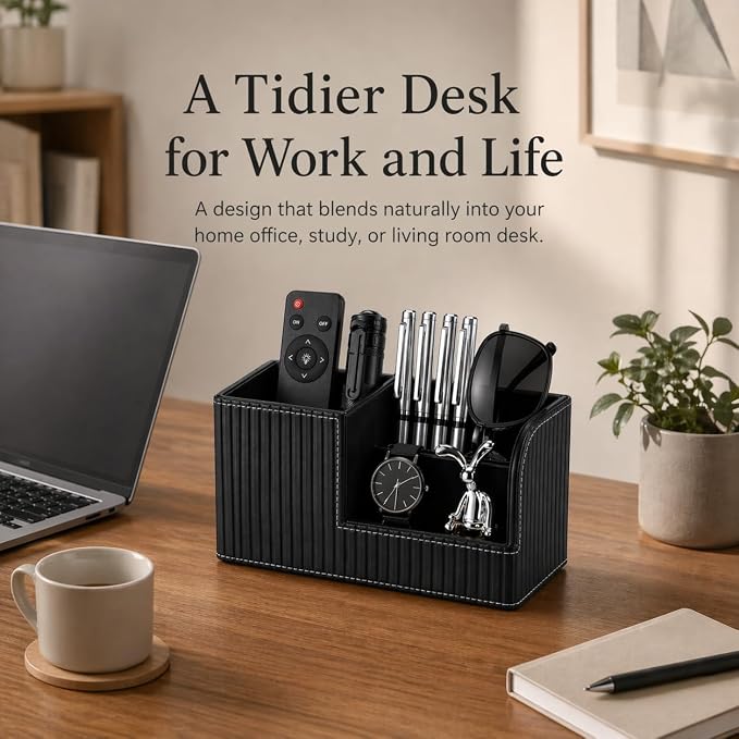 KINGFOM Desk Pen Organizer Office Supplies Caddy Pu Leather Multi-function Storage Box Pen/Pencil,Cell phone, Business Name Cards Remote Control Holder (Black) - Image 5