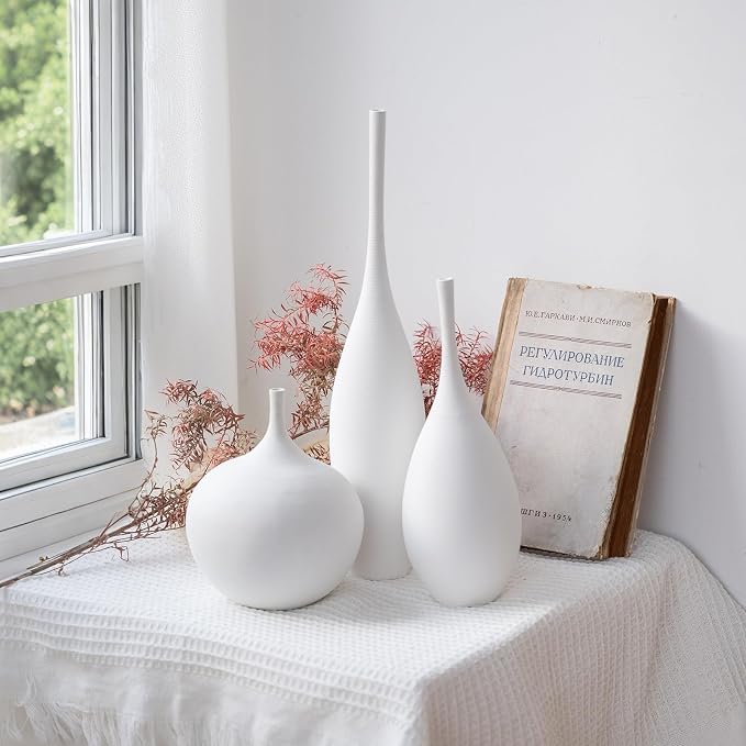 Relexome White Ceramic Vase Modern Boho Wabi-Sabi Flower Vase Set of 3 Decorative Aesthetic Vases for Centerpieces Pampas Matte Minimalist Vases for Living Room Table Shelf Home Decor Gift - Image 8