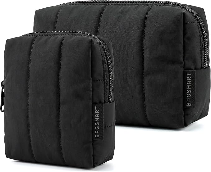 BAGSMART Puffy Padded Travel Makeup Bag Duo Large & Small for Women, Black | Puffy Padded, Travel Cosmetic Organizer with Slip-in Pockets, Large Toiletry Bag & Small Purse Pouch, Travel Essentials by BAGSMART