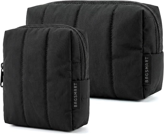 BAGSMART Puffy Padded Travel Makeup Bag Duo Large & Small for Women, Black | Puffy Padded, Travel Cosmetic Organizer with Slip-in Pockets, Large Toiletry Bag & Small Purse Pouch, Travel Essentials by BAGSMART