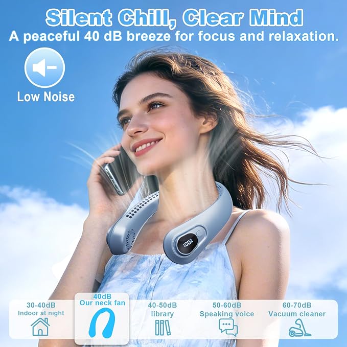 Portable Neck Fan Rechargeable - [with LED Display] 5 Speeds, 5000 mAh Battery Operated Wearable Personal Cooling Bladeless Fan for Outdoor Travel, Gifts for Men Women Kids,Sky Blue - Image 6