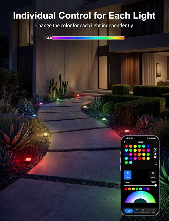 APPECK Outdoor Ground Lights 15 Pack, 32FT RGBCW Pathway Lights Wired | Color Changing Landscape Lights, 2200-6500K CCT, IP65 Waterproof, for Path Garden Lawn, Holiday/Party Decor, Alexa Compatible - Image 2