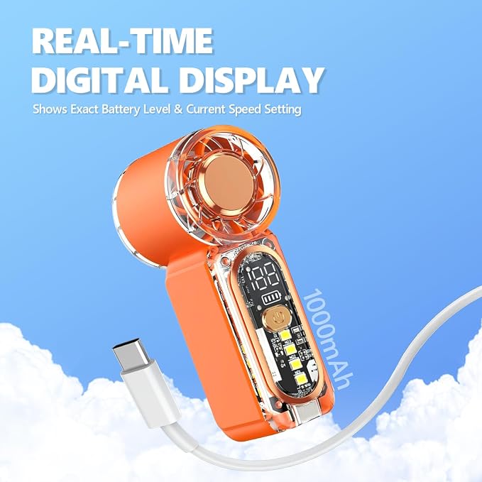 Portable Mini Handheld Fan, 100 Speed Adjustable Pocket Fan with Digital Display, USB-C Rechargeable Personal Fan, Long Battery Life, Small Cooling Fan for Travel(Orange) - Image 4
