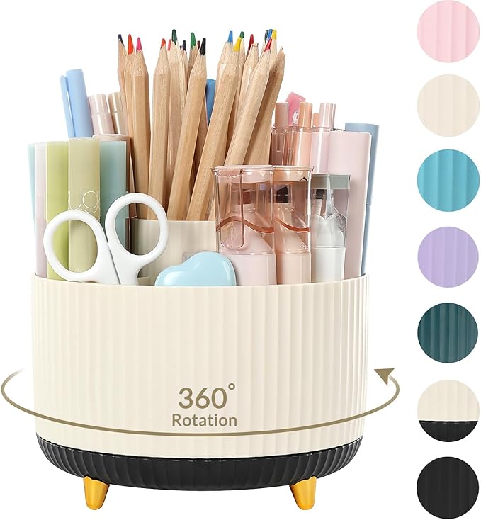 SKYDUE 360 Rotating Organizer, Dual-Purpose Pencil Pen Holder, 5-Slot Rotating Pencil Cup for Office, School, Home (Beige-Black) by SKYDUE
