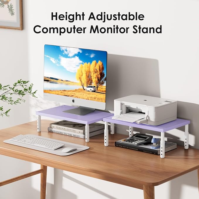 ECOLOVI Wood Computer Laptop Monitor Stand Riser, 4-Height Adjustable Desk Organizer and Accessories, Workspace Office Desk Decor & Accessories for Women, Purple - Image 6