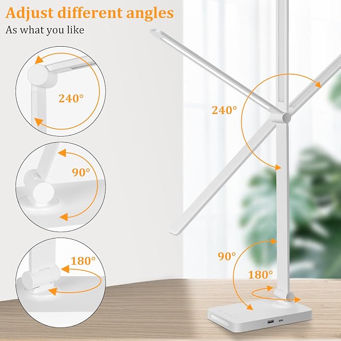 LED Desk Lamp with USB Ports,Touch Desk Lamps for Home Office with 5 Modes | 3 Brightness Desk Light with Small Night Light,Reading Lamp Table Lamp for Bedroom Bedside Study White （with adapter） - Image 6