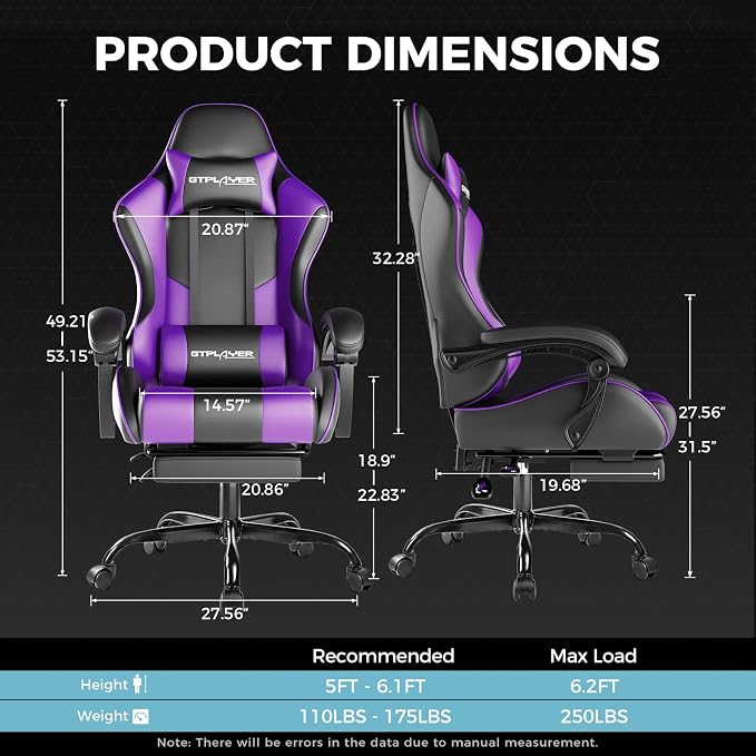 GTPLAYER Gaming Chair, Computer Chair with Footrest and Lumbar Support, Height Adjustable Game Chair with 360°-Swivel Seat and Headrest and for Office or Gaming (Faux Leather, Purple) - Image 3